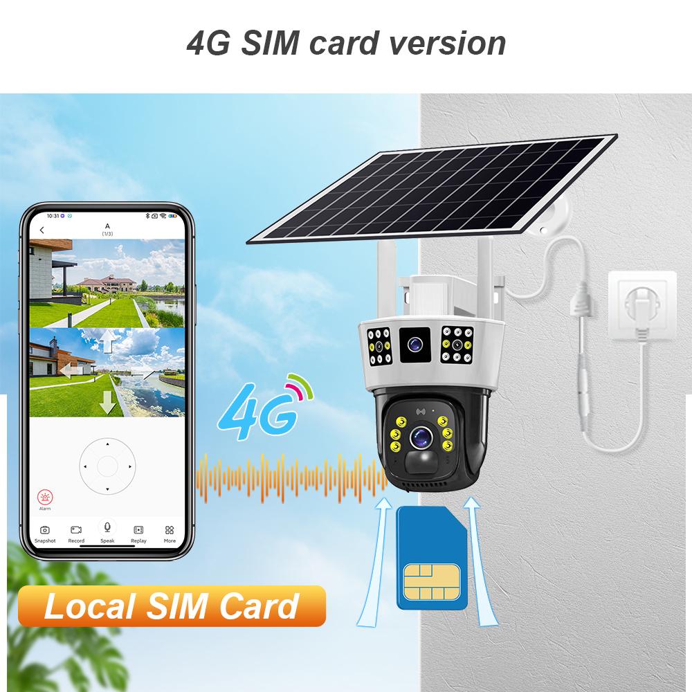 Камера видеонаблюдения с тремя экранами на солнечной батарее, 360°, наружная, день и ночь, полноцветная, с мобильным телефоном, удаленная, с Wi-Fi/4G, беспроводная камера