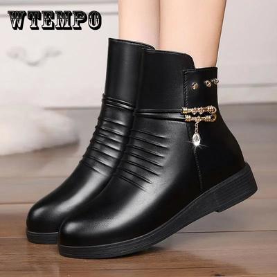 Женские осенне-зимние ПУ зимние ботинки с мягкой подошвой и флисовыми ботильонами большого размера из искусственной кожи