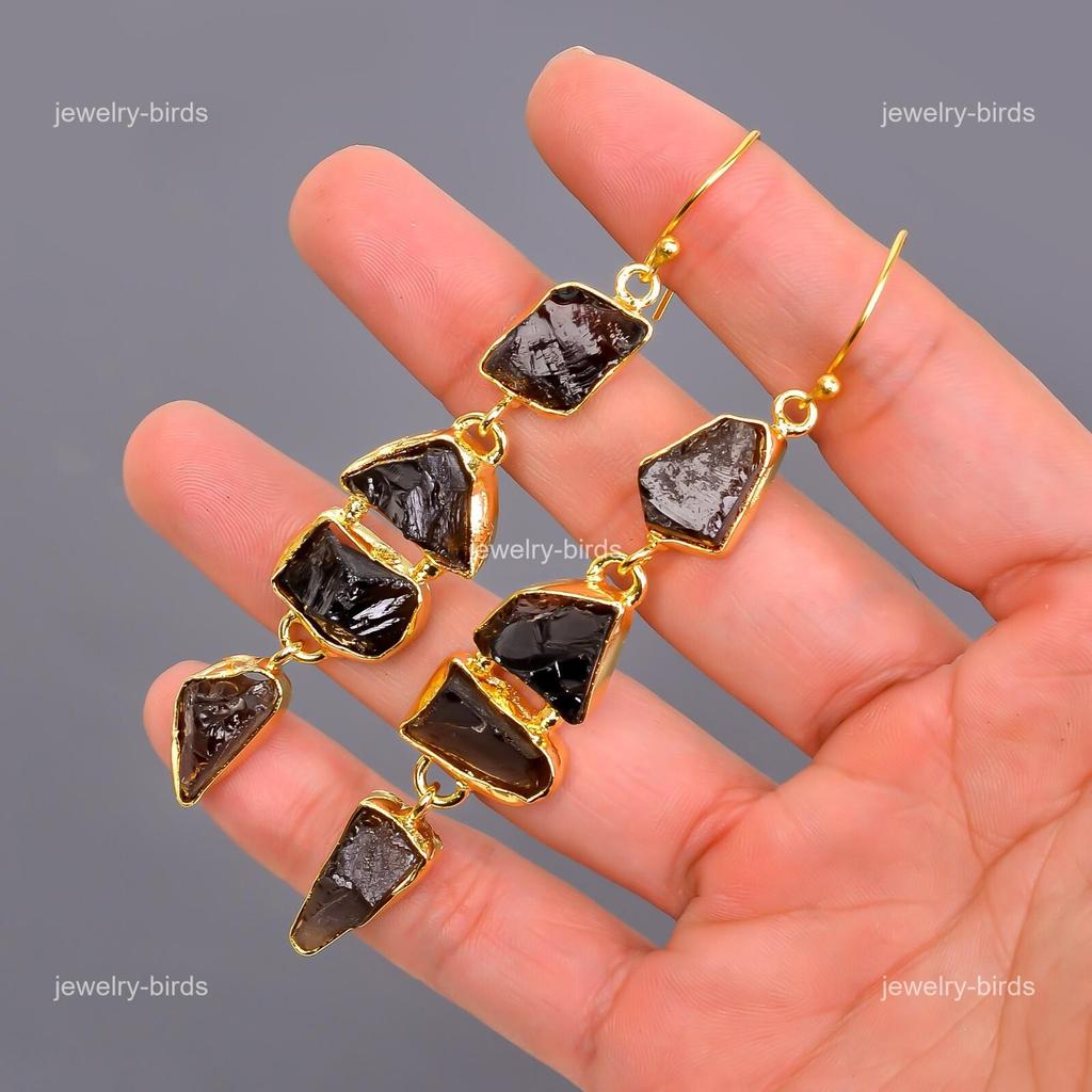Натуральный дымчатый кварц, позолоченные, модные свисающие серьги, гальванопластика, ювелирные изделия V-115