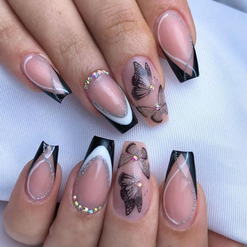 Artificial Nails Dark Sweet Cool Butterfly Wear Nail Simple French Nail Art Medium Long Diamond Style False Nail Black and White Color Matching Nail