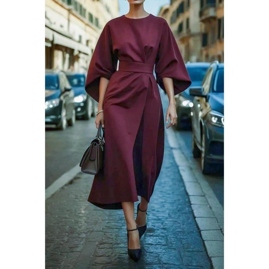 YYFS Женская мода лето весна однотонный принт с рукавами 1/2 и круглым вырезом с высокой талией повседневные платья