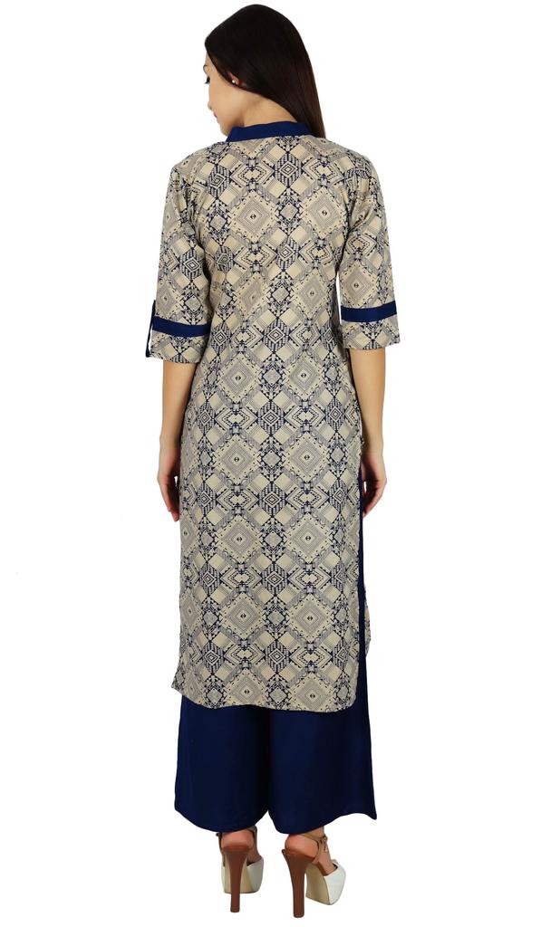 Bimba Women Blue Mandarin Collar Cotton Kurta Straight Kurti With Pockets Casual Summer Tunic