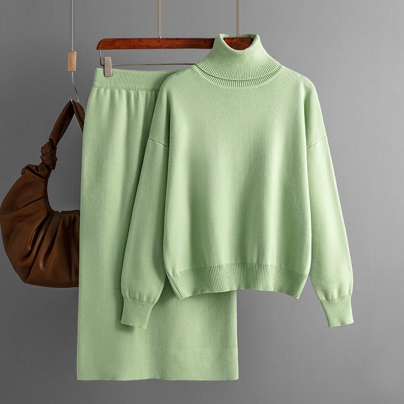 Women's Turtleneck Sweater Knit Skirt Two-piece Set Autumn Winter Knit Suit Knitted Pencil Skirt Turtleneck Sweater Skirt Set