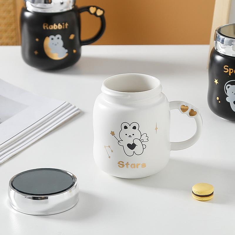 Пара керамическая чашка с крышкой, зеркальная чашка, милая кружка в виде медведя, девушка, большая емкость для воды, студенческая чашка