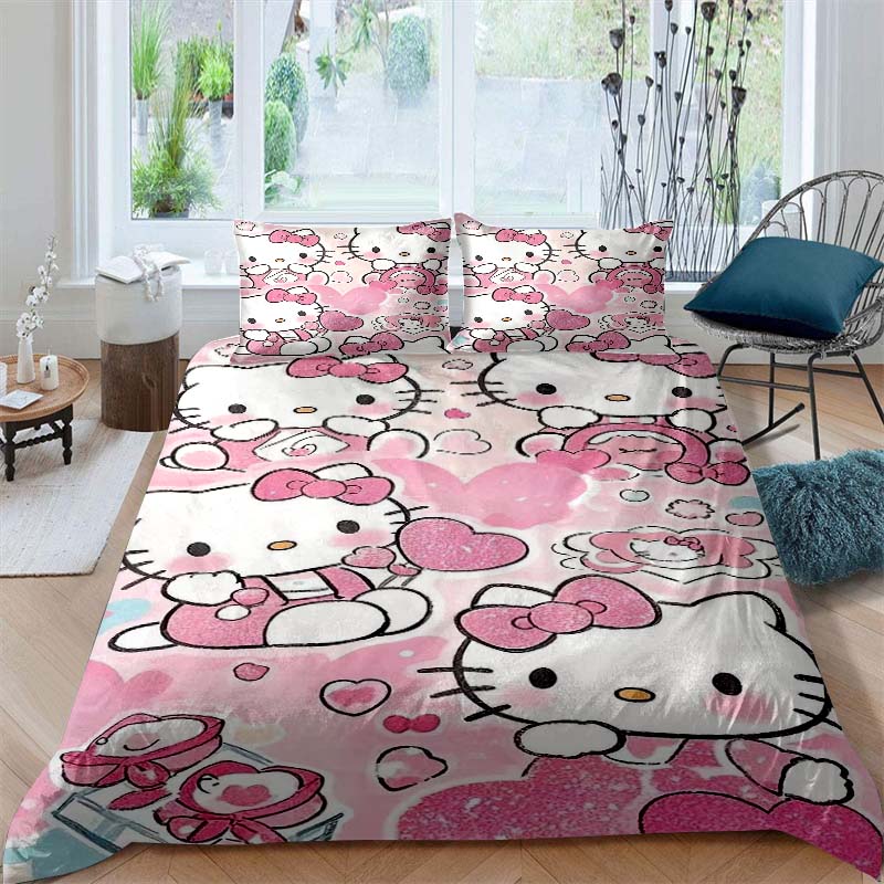 3D printed Hello Kitty duvet cover and pillowcase bedding set, available for single, double, and king-size beds, suitable for