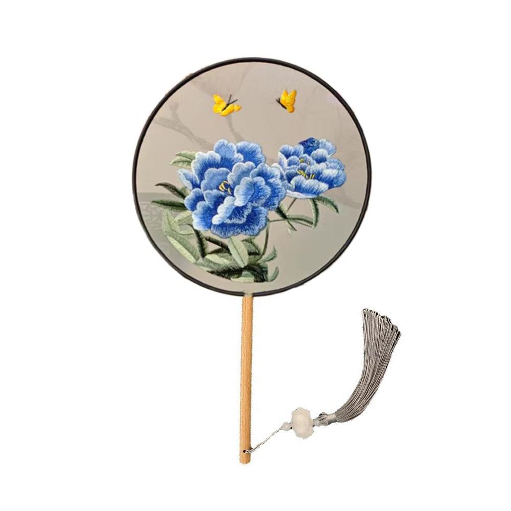 Chinese Style Embroidered Round Fan Wooden Handle Hanfu Tuan Fan  for Home Decoration