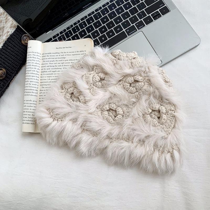 Women Winter Thick Warm Knit Fisherman Hat White Rabbit Fur Small Face Cap