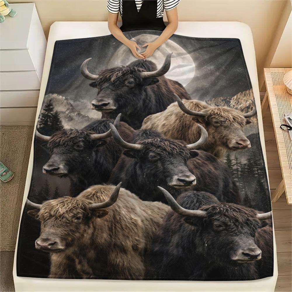 1PC Moonlit Highland Yaks Print FlAannel Blanket, High quality Comfortable for All Seasons, Home Decor, Warmth and Comfort