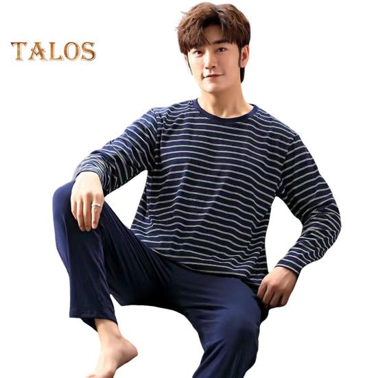 Комплект из 2 предметов: мужская пижама с круглым вырезом, длинными рукавами, полосатым принтом, топами и длинными брюками на эластичной талии, комплект домашней одежды для отдыха