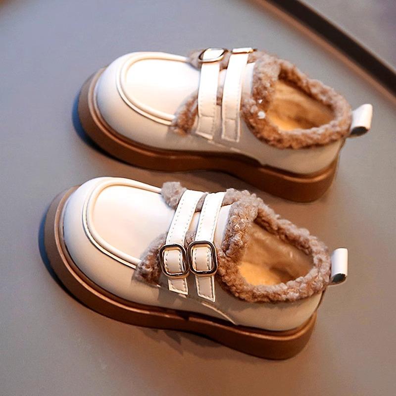 Детская 2024 Осень Дизайнерская Обувь для Девочек Нескользящая Кожаная Обувь Толстый Плюш Младенческая Зимняя Обувь Теплая Модная Мягкая Подошва Кроссовки для Девочек