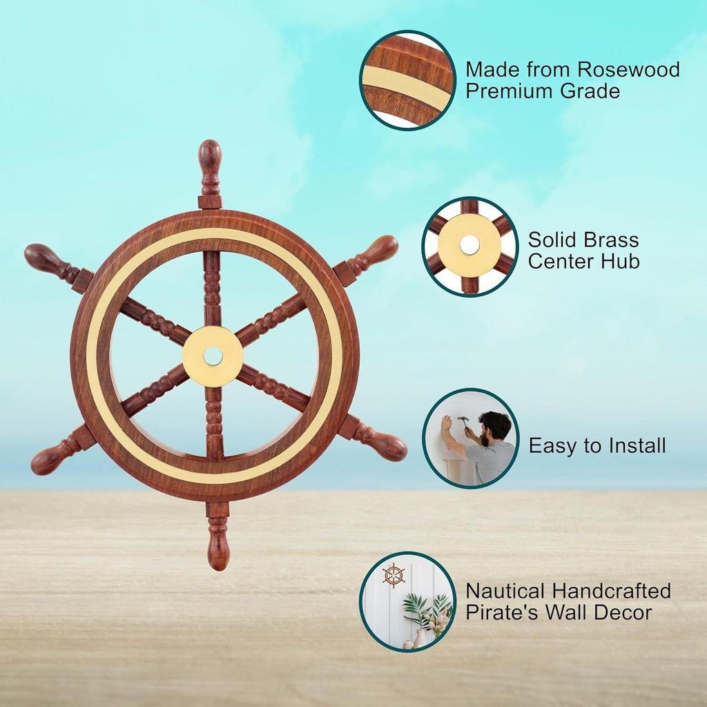 Hand Crafted Premium Nautical Wooden Ship Wheel | Exclusive Pirate's Wall Decor | Ocean & Beach Maritime Nursery Decorative