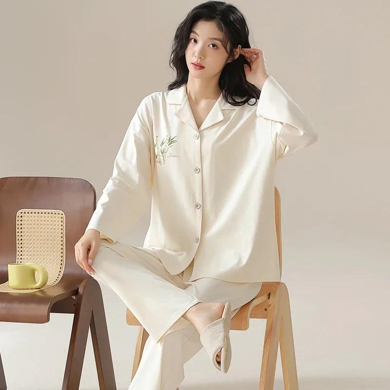 Осенне-зимняя хлопковая пижама для женщин, с длинными рукавами, женская одежда для сна, кардиган, пижамы с V-образным вырезом, японская женская домашняя одежда