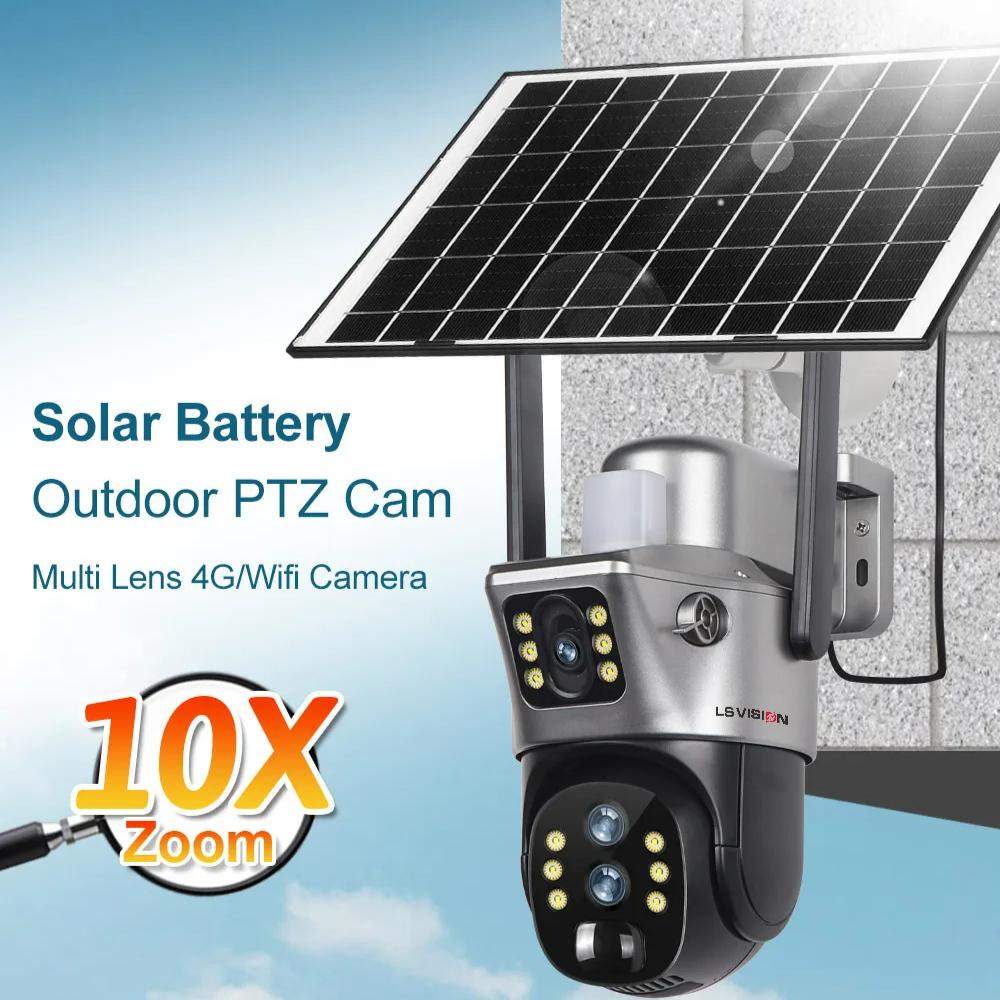 LS VISION 12 МП 4G/WiFi Двухэкранная Солнечная Камера Уличная 10-кратный Зум 6K Три Объектива Автоматическое Слежение за Человеком Камера Наблюдения V380 Pro