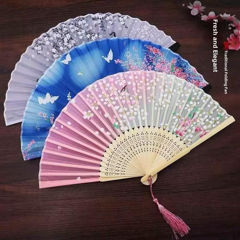 Chinese Style Hanfu Fan for Girls, Cherry Blossom Classical Dance Fan, Portable Children's Bamboo Fan, Traditional Cheongsam Folding Fan for Summer