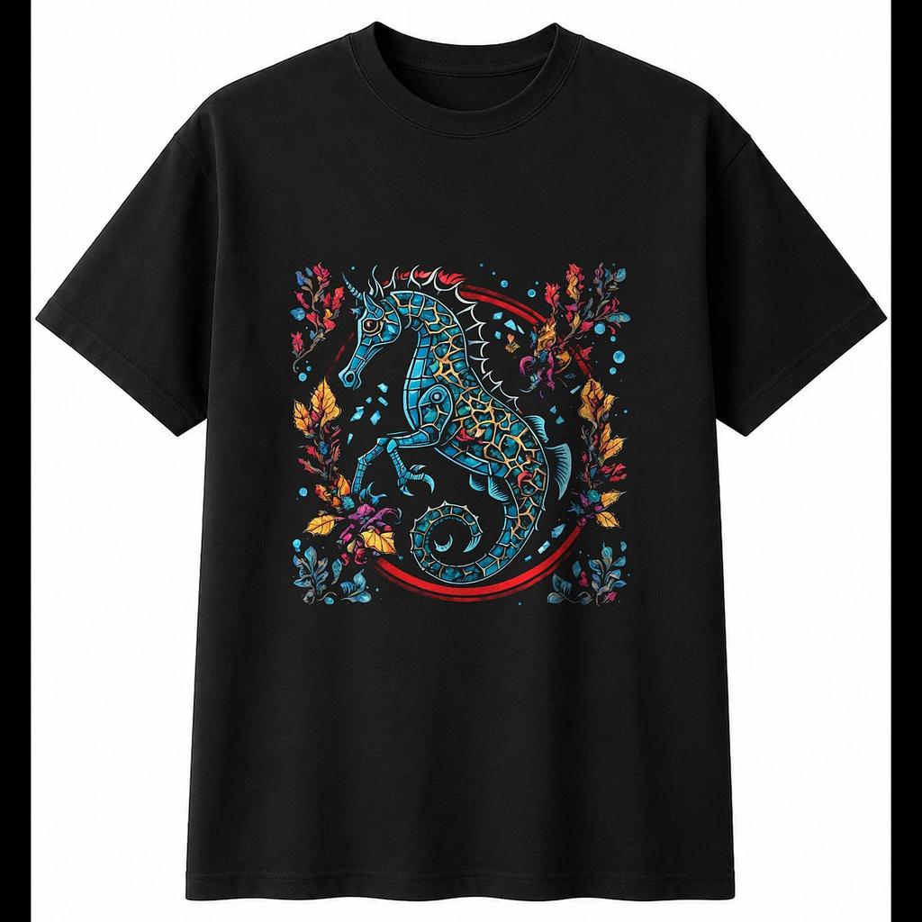 Tattoo Seahorse Shattered Sea Ocean Mens T-Shirt Black 100% Cotton Printed
