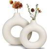 White Ceramic Donut Vase Set (6 & 8 Inches, Pack of 2) – Round Shaped Flower Vase for Pampas Grass, Home Decor Centrepiece