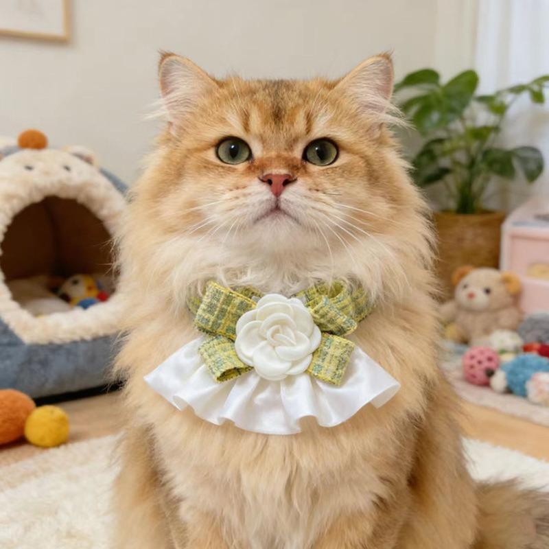 Elegant Rose Flower Ruffled Pet Collar Adjustable Plaid Fabric Neck Decoration For Kitten Small Cats Small Dogs Photo Costume
