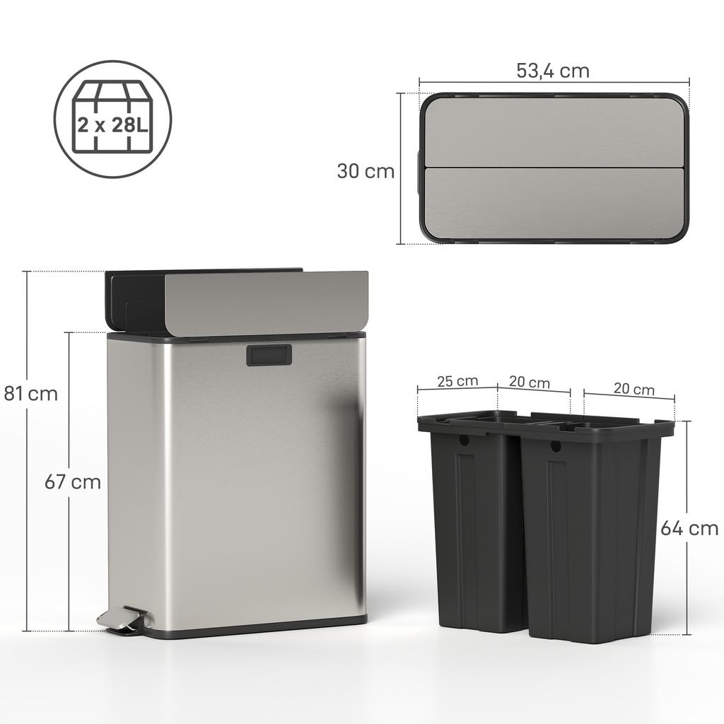 Dual Kitchen Bin with Soft-Close Butterfly Lid, 2 x 28L Stainless Steel Pedal Bin with Removable Inner Buckets