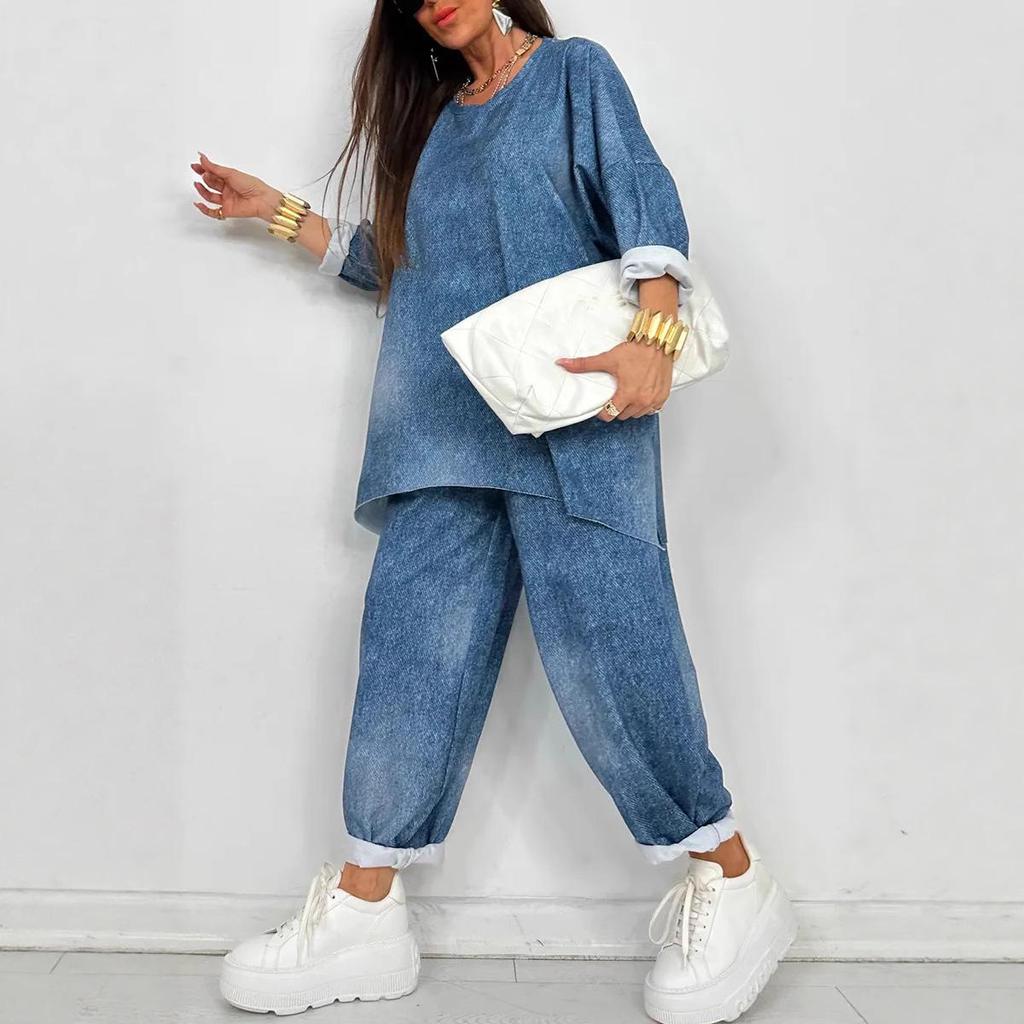 Женский повседневный комплект топ с круглым вырезом и свободные брюки с эффектом стирки на весну/осень 2025