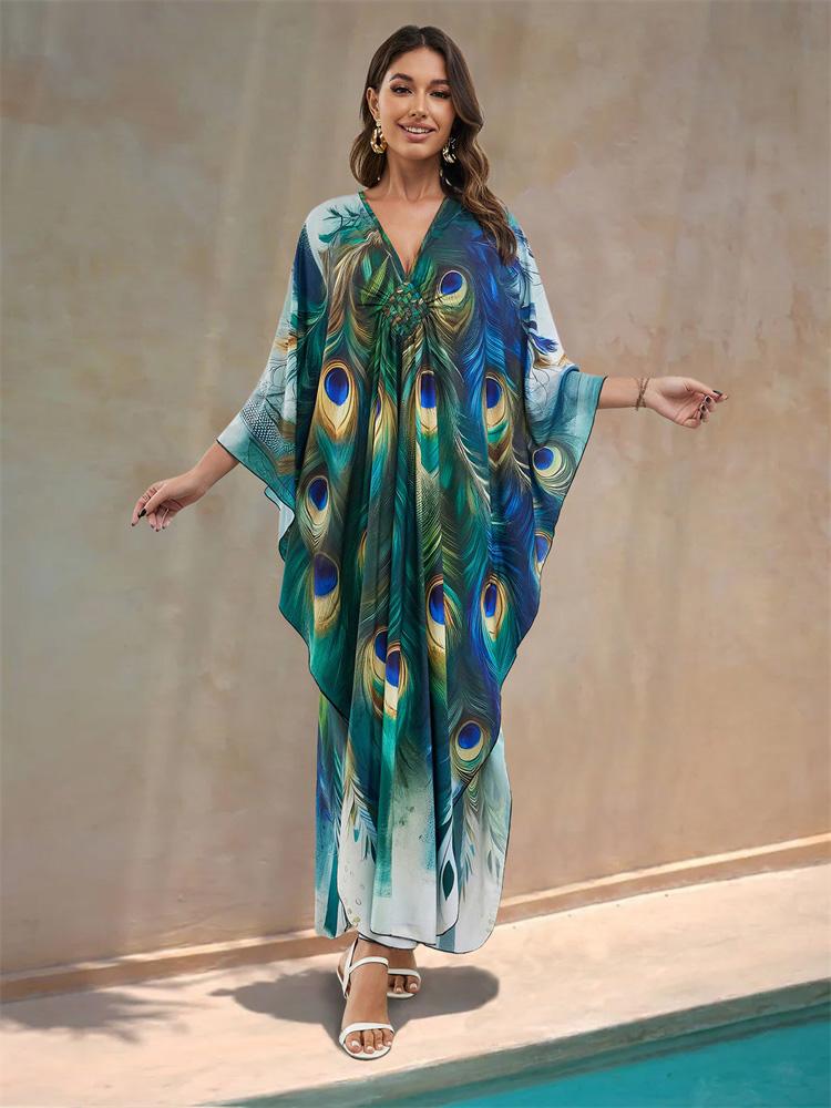 EDOLYNSA Плюс размер кафтан богемный зеленый павлин с принтом летнее длинное пляжное платье женская домашняя одежда наряд купальный костюм накидка свободный кафтан