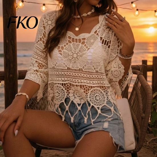 Spring Autumn Layering Top Women Crochet Tops, Round Neck 3/4 Flared Sleeves Cover Up, Hollow Lightweight Knit Blouse Sun Protection