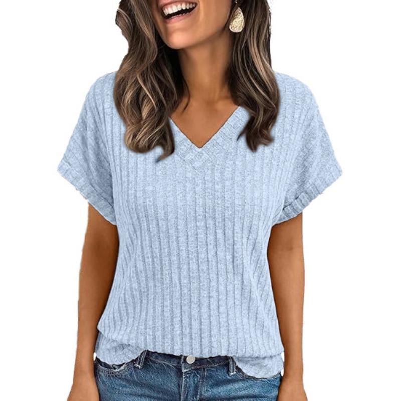 Женская футболка с V-образным вырезом, в рубчик, с коротким рукавом