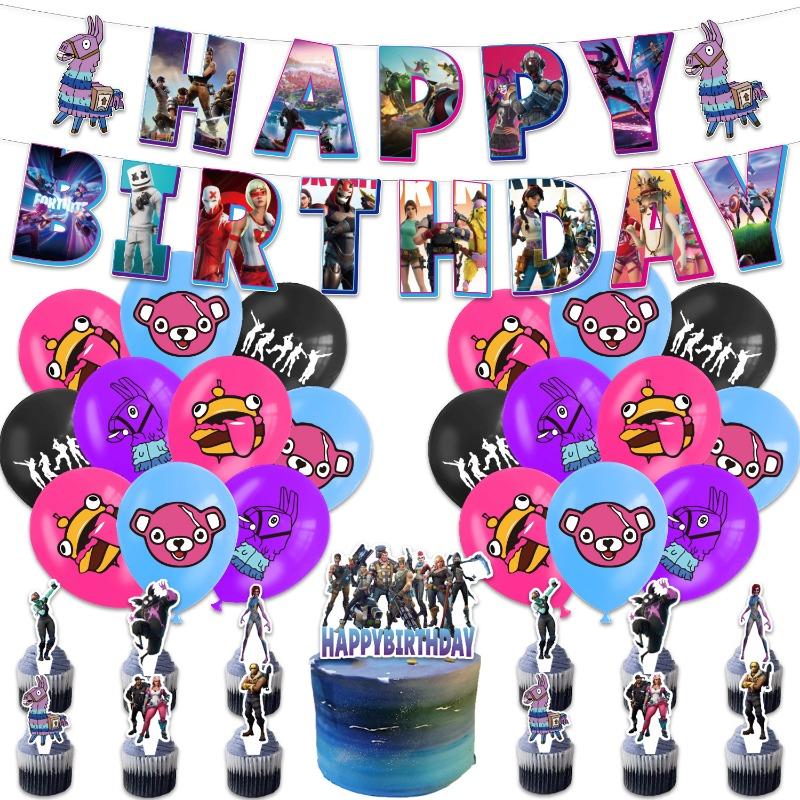Fortnite Shooting Game Birthday Party Decoration Supplies Birthday Banner Cake Topper 24 Cupcake Toppers 18 Balloons Backdrop