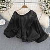 Women Elegant Off-shoulder Trumpet Long Sleeve Waist Hollow Blouses