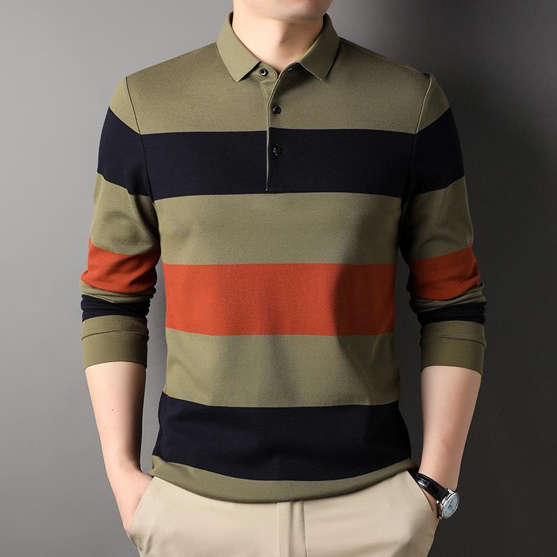 Осенняя новая мужская одежда среднего возраста, рубашка поло с лацканами, подходящая по цвету, модная полосатая хлопковая футболка с длинными рукавами