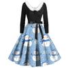 Women Vintage Long Sleeve Christmas Print 1950s Housewife Evening Party Prom Dress
