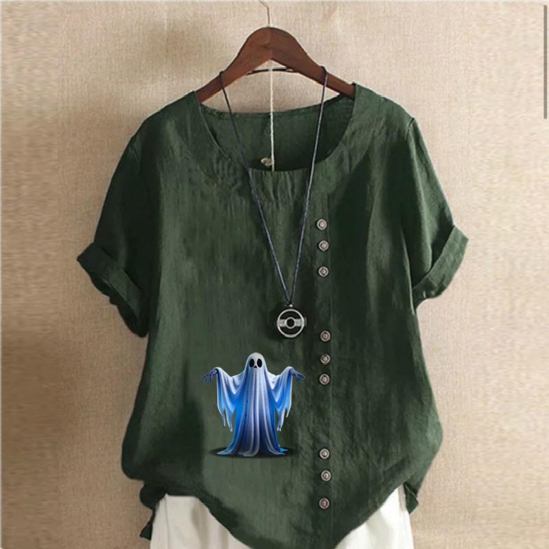 Женская модная футболка Ghost Printed с круглым вырезом и коротким рукавом, повседневная рубашка из хлопка и льна с рисунком, свободная летняя блузка для отдыха, топы