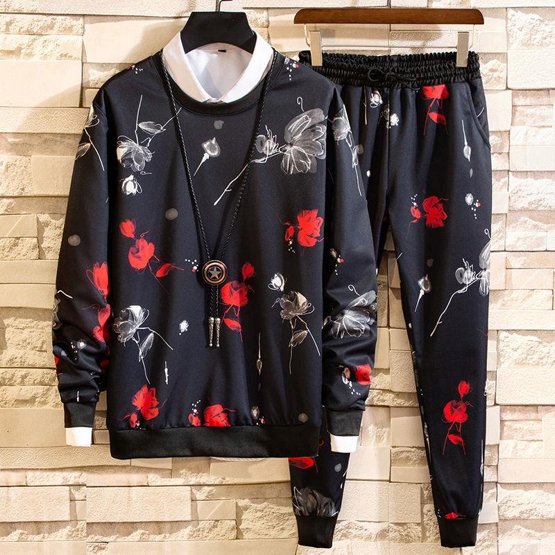 2 шт./компл., повседневный спортивный костюм, мужская осенняя толстовка с принтом, брюки, красивый комплект из двух предметов