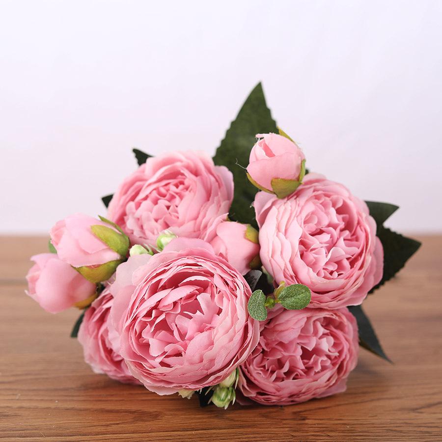 30cm Rose Pink Silk Bouquet Peony Artificial Flowers 5 Big Heads 4 Small Bud Bride Wedding Home Decoration Fake Flowers Faux KTY