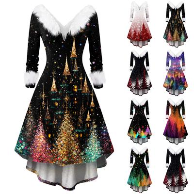 Женское модное повседневное приталенное платье с рождественским принтом для вечеринки с длинными рукавами