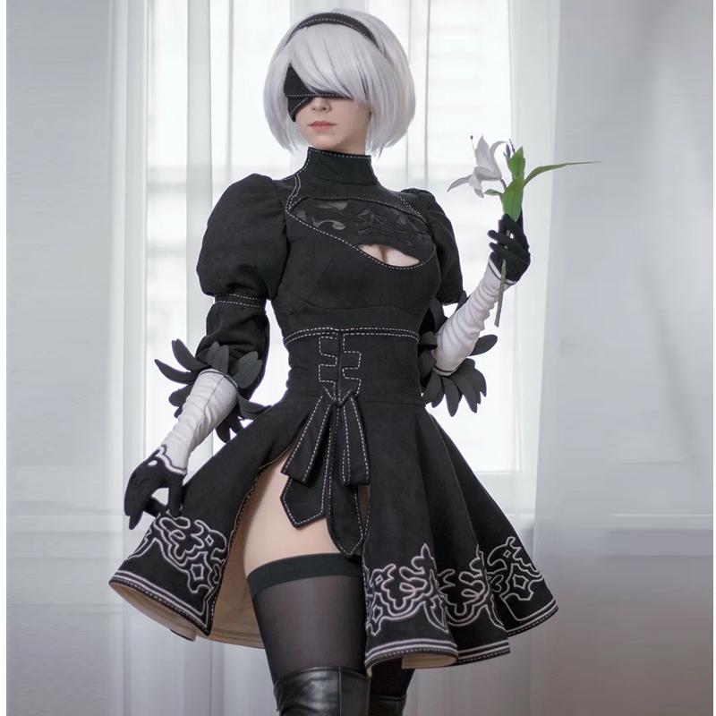 Сексуальный костюм для косплея Nier Automata Yorha 2B, аниме, женский наряд, маскировочный костюм, нарядный костюм на Хэллоуин, карнавал, вечерние девушки, черное платье + парик, комплект костюмов