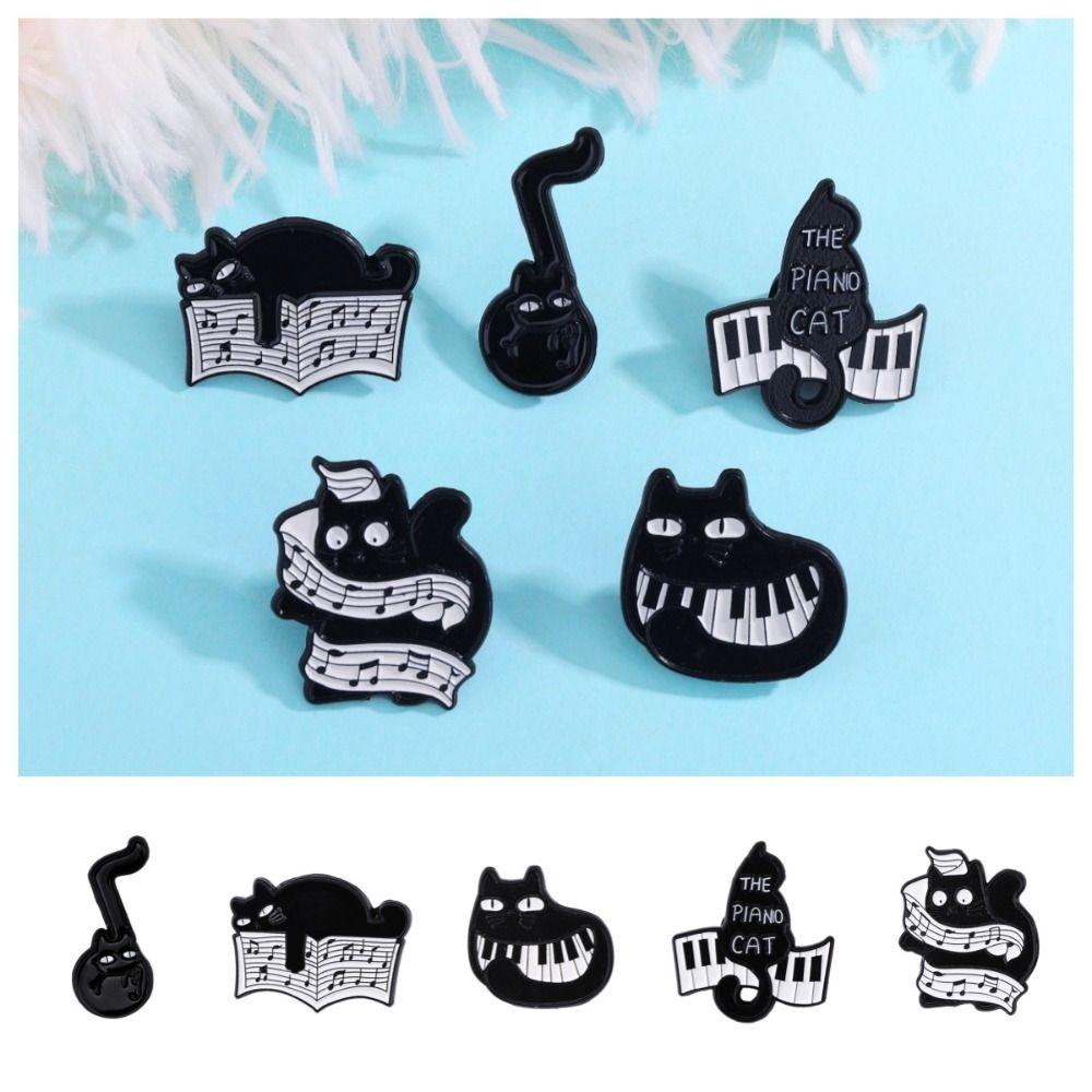 Purring Kitten Black Cat Enamel Pin Cartoon Beating Note Brooch Exquisite Piano Cat Badge  Skirts
