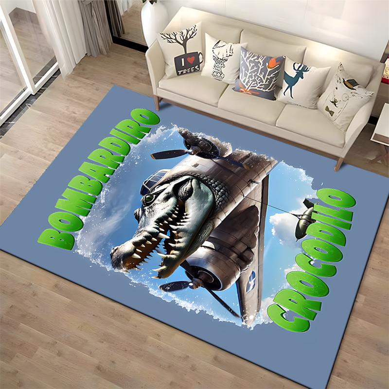 Airplane Crocodile Design Carpet with "Bombardiro Crocodilo" Text on Blue Background Suitable for use as an anti-slip1 for1room and bedroom sofas