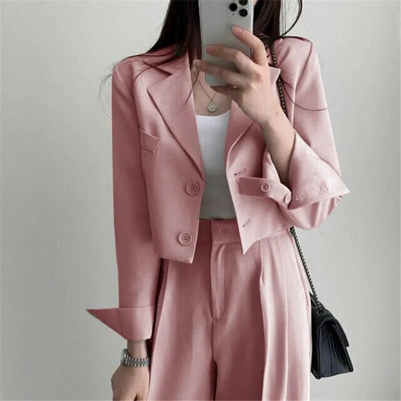 Ladies Short Suit Suit Casual Loose Jacket Coat High Waisted Wide Leg Pants Set