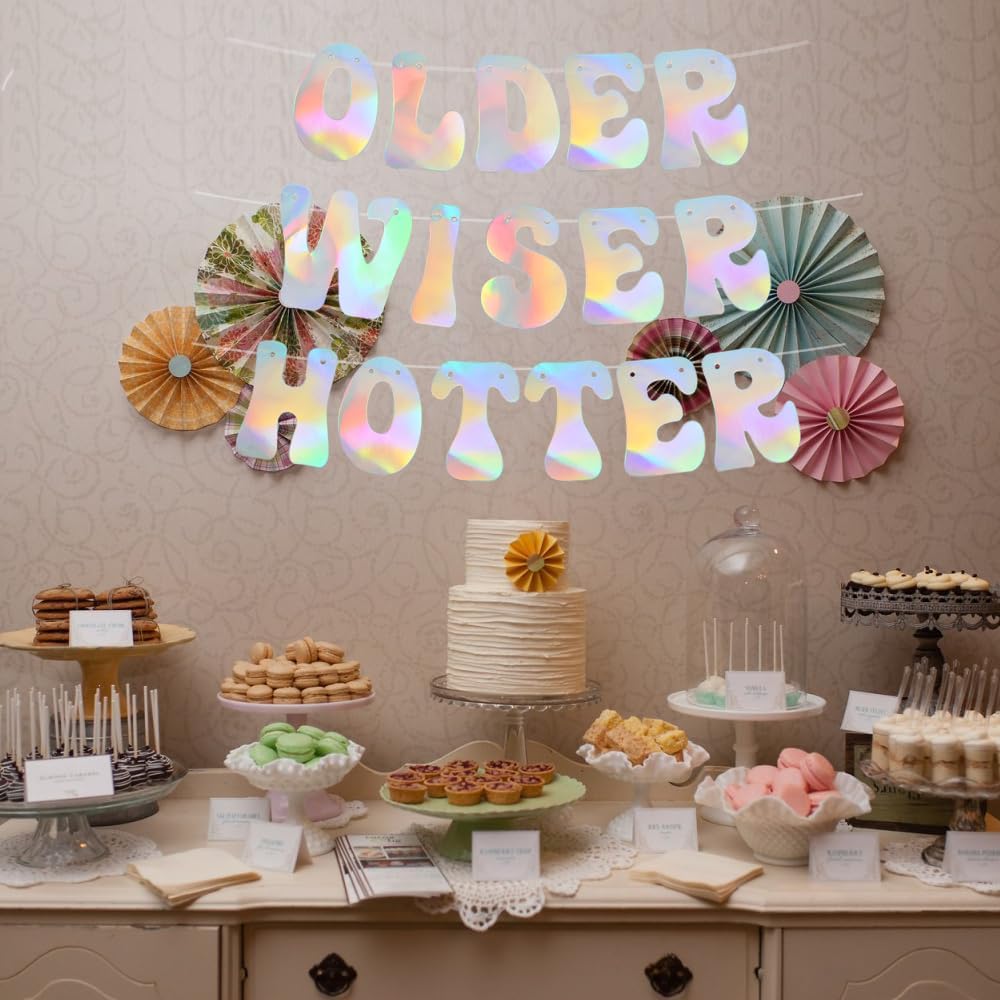 BEISHIDA Iridescent Glitter Older Wiser Hotter Banner - DIY - Birthday Banner Decoration for 40th 50th 60th 70th 80th Women Funny Cute Birthday