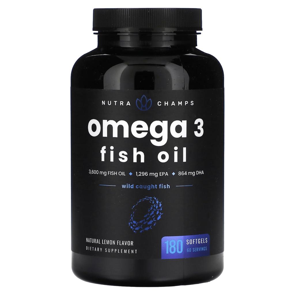 NutraChamps Omega-3 Fish Oil, Natural Lemon Flavor, 180 Softgels