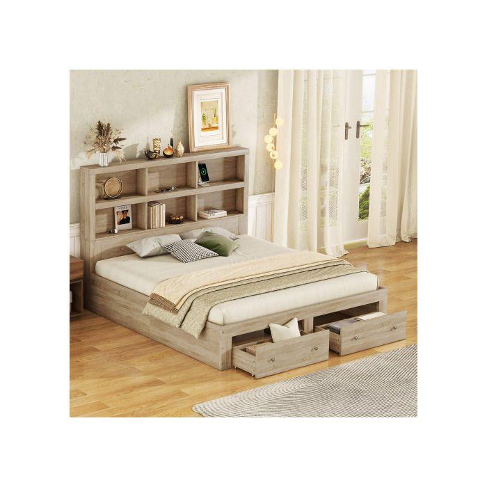 Lit double - MUVOE - 160x200 cm - Tête de lit avec rangement - 6 étagères - 2 tiroirs