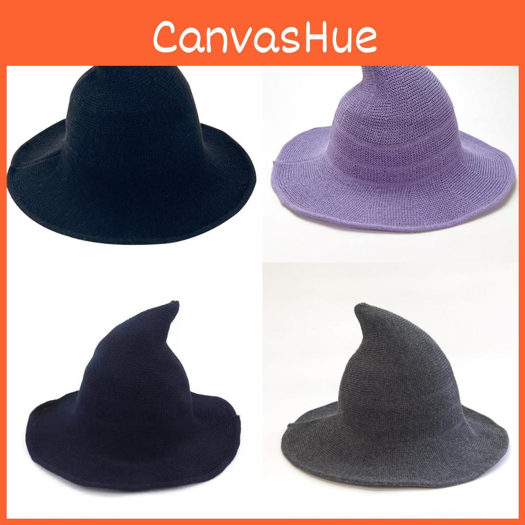 Black Knit Witch Hat With Large Brim And Sunshade Function For Cosplay And Seasonal Celebrations