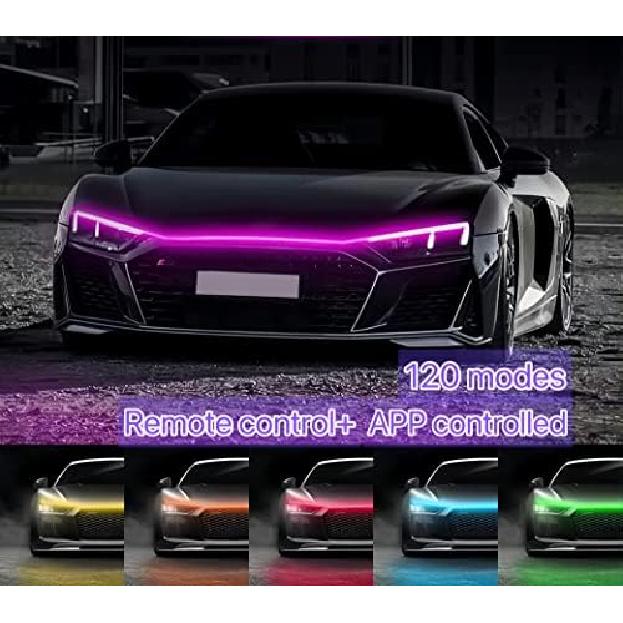 Car Led Hood Lights,Multicolor 120Modes (70 Inch) 12V, Engine Hood Cover Daytime Running Light Strip,Multi Color Neon Light Kit For Car Hood