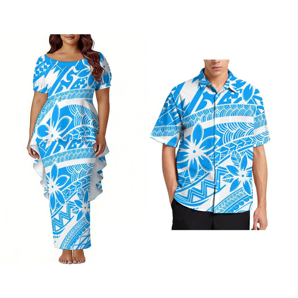 Custom Polynesian Bubble Short Sleeve Long Dress Lady Puletasi Dress Match Plus Size Men Stiff Neck Shirt Sets off Couples 2pcs
