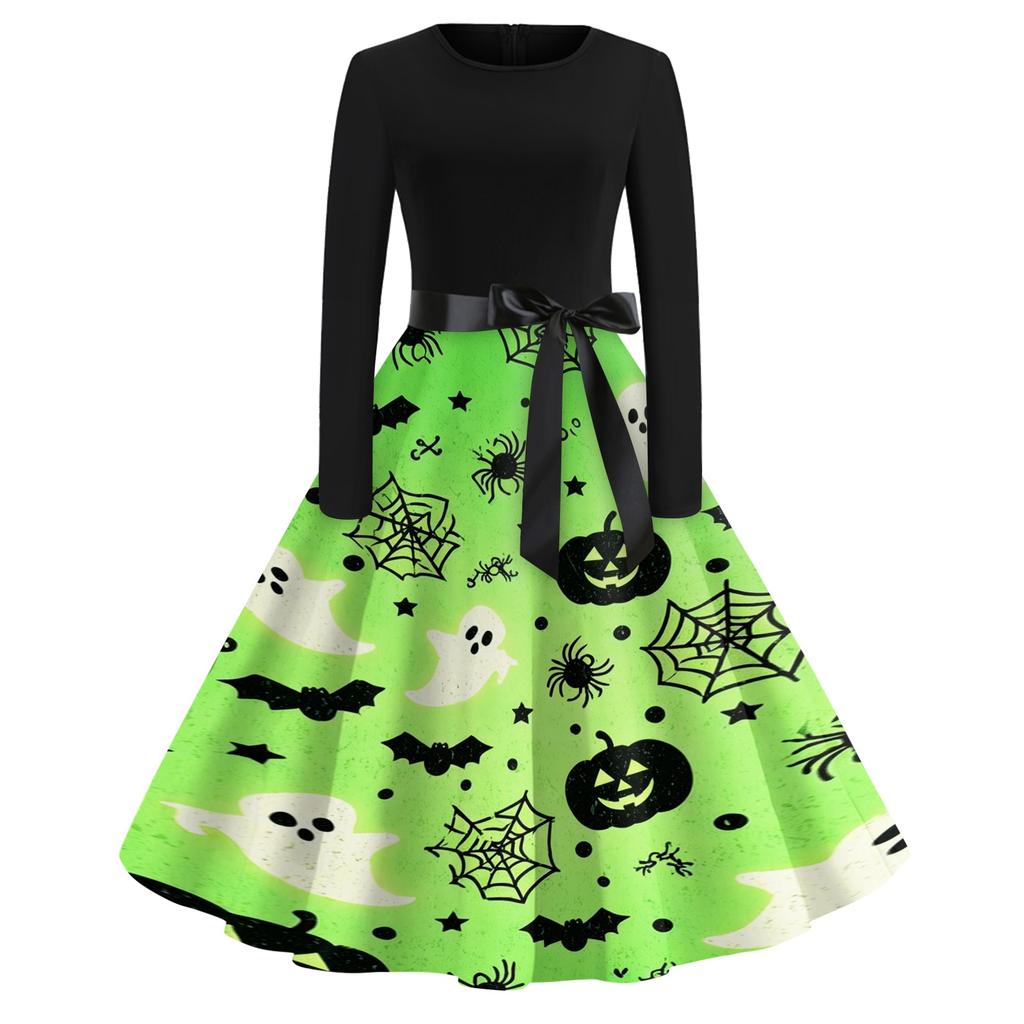 Women's Casual Vintage Halloween Print Dress Long Sleeve Round Neck Retro Style Fit and Flare Midi Dress with Waist Tie