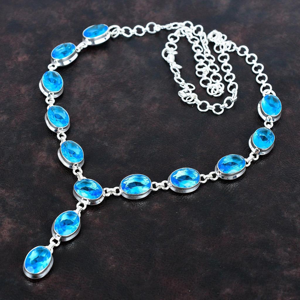 Ожерелье из ограненного швейцарского голубого топаза, ожерелье с натуральным драгоценным камнем, уникальное украшение ручной работы, ожерелье из стерлингового серебра 925 пробы, ожерелье с регулируемой цепочкой