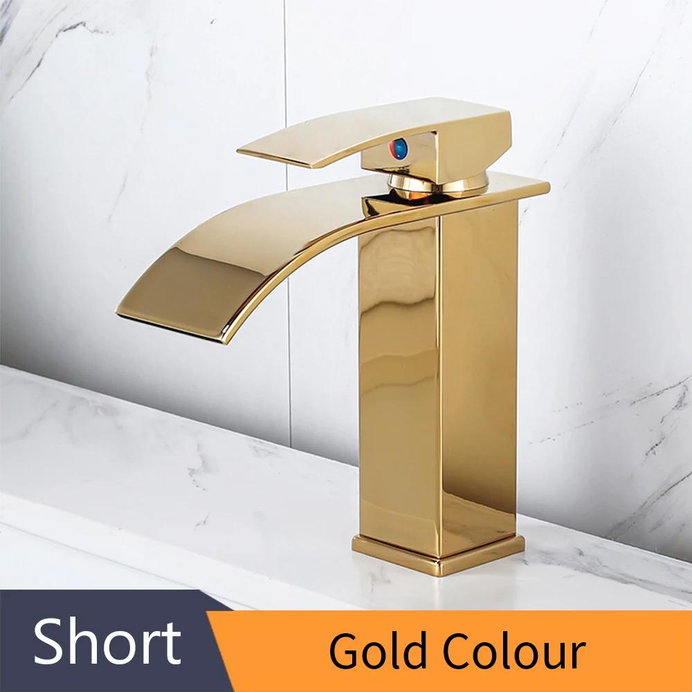Gold Basin Faucet Deck Mounted Single Lever Bathroom Crane Waterfall Brass Bathroom Tap Hot Cold Water Mixer Taps 503