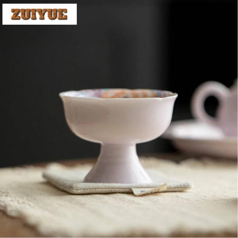 70ml Hand Drawn Flower Pink Beige High Foot Teacup Vintage Tea Bowl Cute Cup Tea-tasting Personal Cup Jianzhan Master Cups Craft