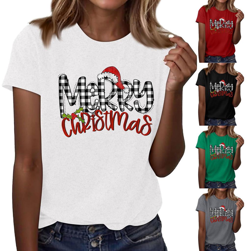 Women's Fashion Casual Christmas Printed Short Sleeve Loose Round Neck Pullover Top