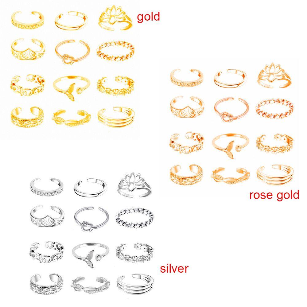 12pcs/set Open Girls Adjustable Beach Joint Finger Rings Tail Ring Toe Ring Set Foot Ring